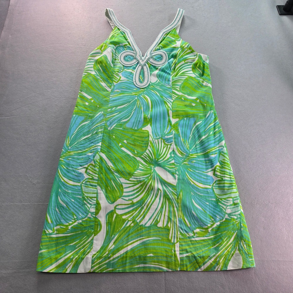 Lilly Pulitzer Green Blue Palm Print Beaded V-Neck Shift Dress Size 10 Resort